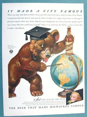 10.5 X 14 1942 Schlitz Beer Ad PROF BEARS SAYS HERE IS MILWAUKEE Man Cave Ad