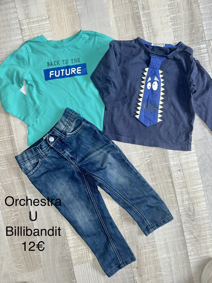 Billibandit Orchestra U 2 /3 Ans Garçon : Jean + 2 T Shirt Cravate Bleu Vert - Photo 1/1