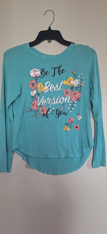 Girls Teal Long Sleeve Crew Neck Floral Graphic T-Shirt Inspirational Theme