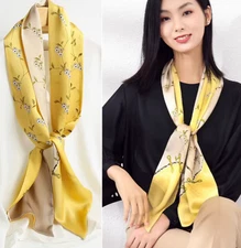 100% Silk narrow Scarf Women neckerchief headband ribbon Wrap yellow MY189-19