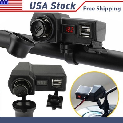 Waterproof Motorcycle Handlebar Dual USB Phone Charger Cigarette Lighter Socket