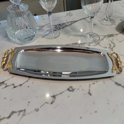 Kromex Holiday Chrome Bread Roll Tray MCM Gold Handles Vintage 17.5''