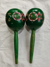 Vintage Pair Of Hand Carved And Painted Maracas. 13 Inches 