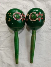 Vintage Pair Of Hand Carved And Painted Maracas.  13+Inches!