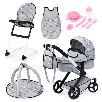 Kombi Puppenwagen Xeo grau Schlafsack, Hochstuhl, Spielbogen, Puppenzubehör 07AB