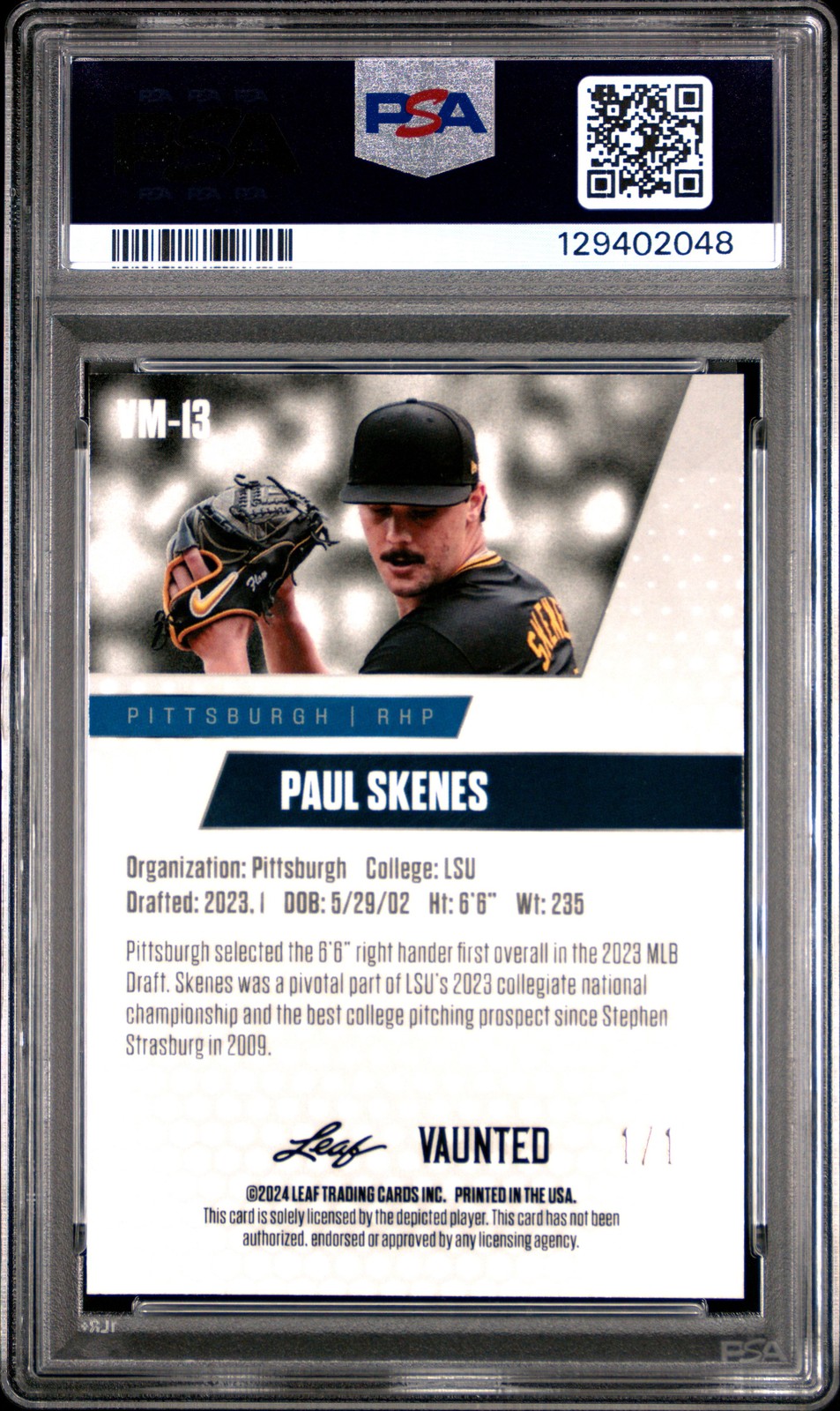 PSA 8 Paul Skenes Leaf Vaunted Metal #VM-13 Black Superprismatic 1/1 Rookie Card view 2