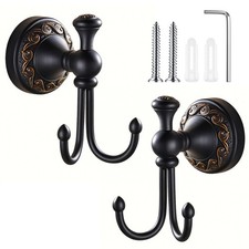 2 PCS Antique Oil Rubbed Bronze Copper Wall Mounted Bathroom Double Towel Hook