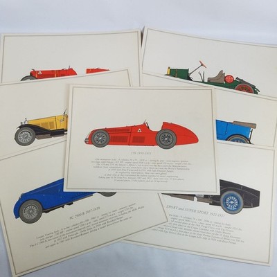 Set of 7 Alfa Romeo Vintage Car Color Lithographs One with Issues