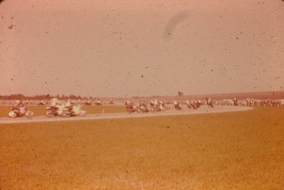 c1960's Kodachrome 35mm Slide Motorcycle Race Track Spectators Crowd Fence Hazy