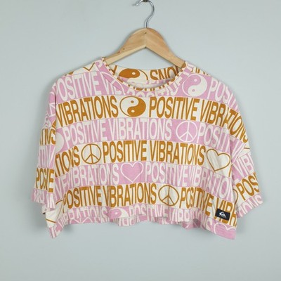 Quiksilver Top Womens Medium Pink Positive Vibrations Cropped Psychedelic Hippie