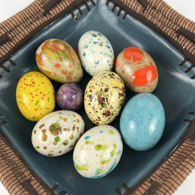 9 Vtg Drip Glaze Ceramic Hand-painted Speckled Easter Eggs Hollow Spring Cottage