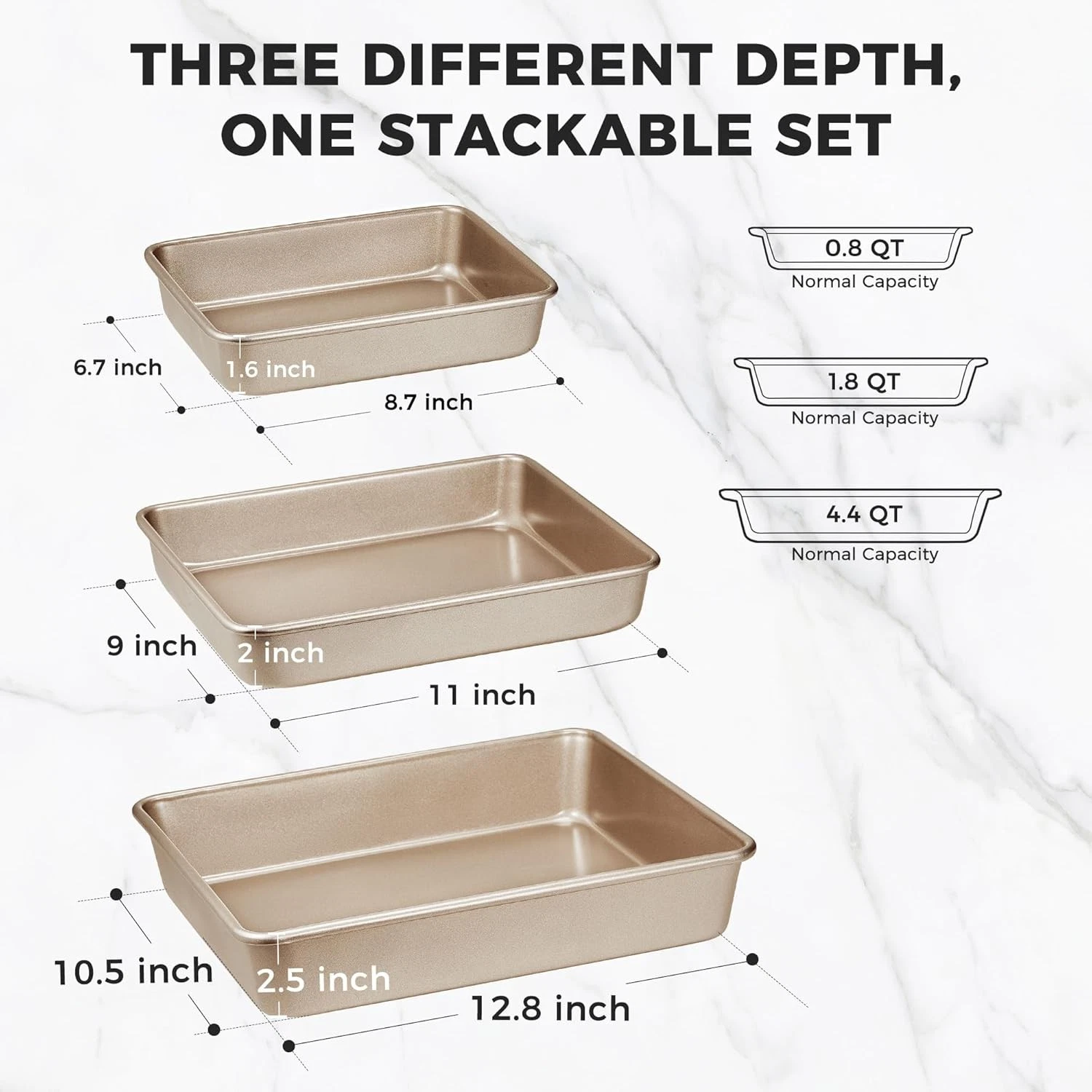 Deep Baking Pans Set of 3 Nonstick Rectangle Sheet Cake Pans 13/11/9 Inch Golden
