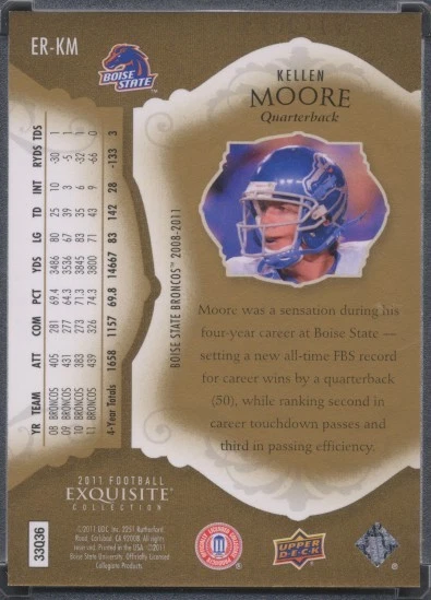 2011 EXQUISITE Kellen Moore RC Upper Deck /99 Boise State Broncos #ER-KM Gold - Image 2 of 2
