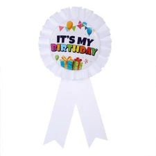 It's My Birthday Rosette Button Pin White Satin Fabric Badge Brooch Party