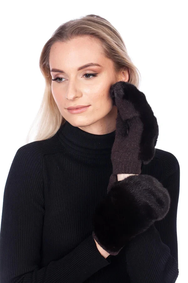 Dark Brown Mink Fur Mittens,Luxurious Warm Winter Gloves With Real Fur For Women