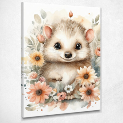 Bild für Kinderzimmer, Dekoration Mädchen, kleiner Igel in Blumenumarmung, ba