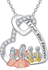 Sterling Silver Mother 1 Daughter 2 Sons Necklace Family Love Heart Mom Jewelry