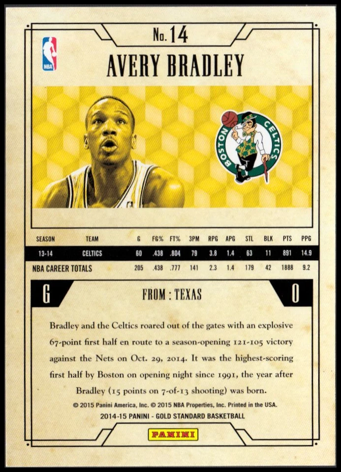 2014-15 Panini Gold Standard Gold #14 Avery Bradley #d 63/79 - NM - Image 2 of 2