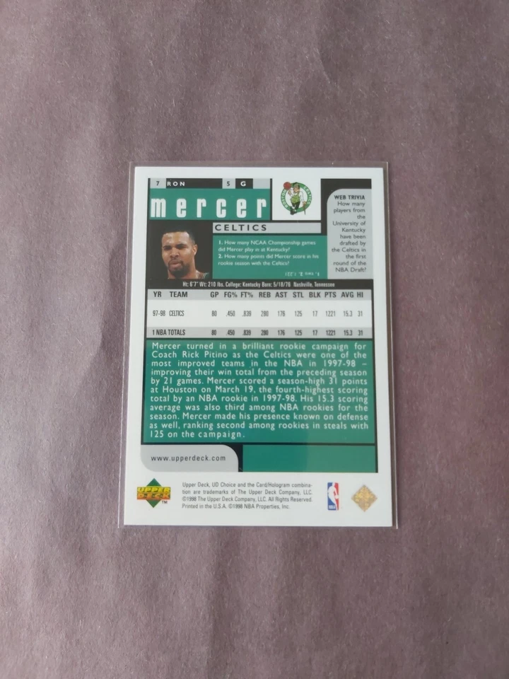 98-99 UD Choice Ron Mercer Choice Reserve Parallel #7 Celtics - Image 2 of 3