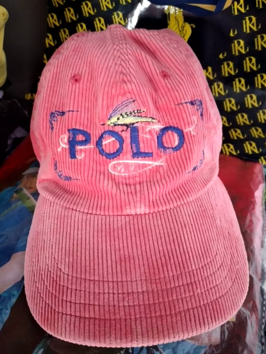Vintage POLO RALPH LAUREN Fly Fishing Tackle Graphic Corduroy Hat Cap Pink RARE