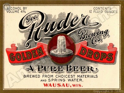 Golden Drops Beer NEW Metal Sign: George Ruder Brewing Co. - Wausau, Wisconsin