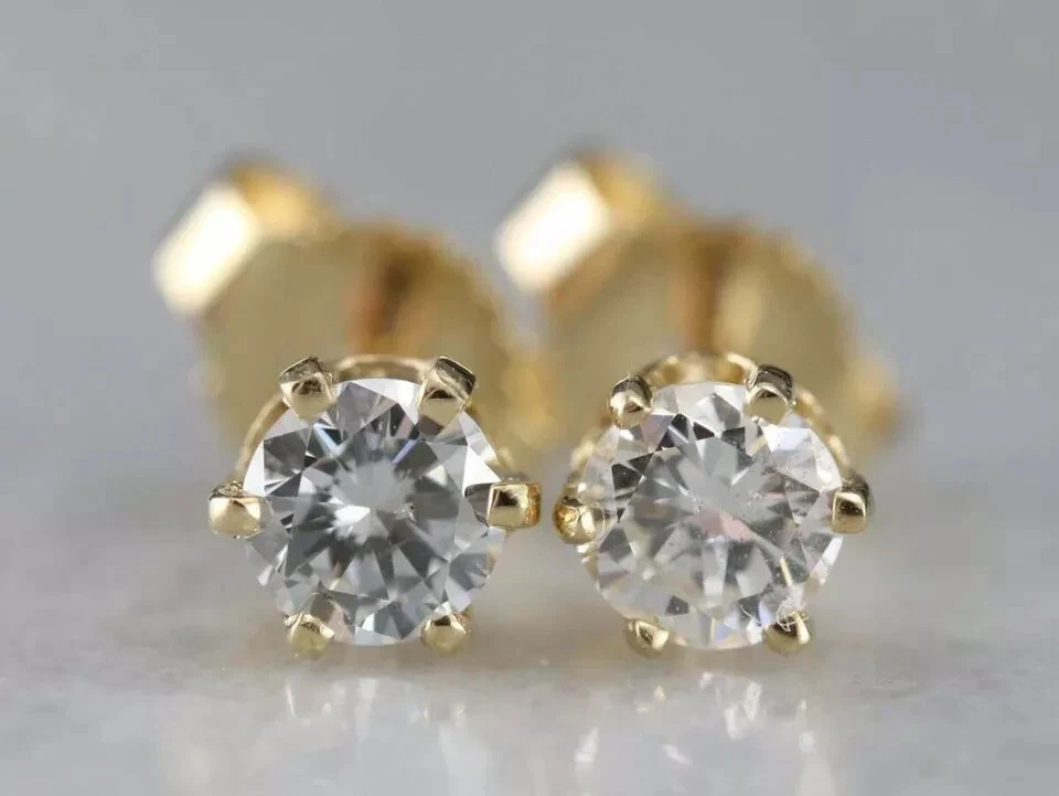 1克拉圆形切割实验室制造的钻石耳钉耳环14k镀金银色 — 第 3/4 张图片