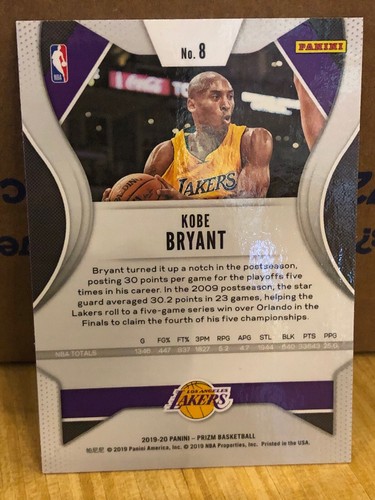 2019-20 Panini Prizm Kobe Bryant Base Lakers #8 Future HOF - Foto 3 di 3