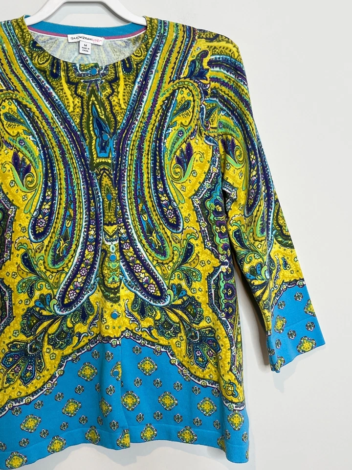 Suéter Isaac Mizrahi Mujer Cárdigan Mediano Tejido Top Paisley Azul Amarillo Trabajo Foto 3 de 4