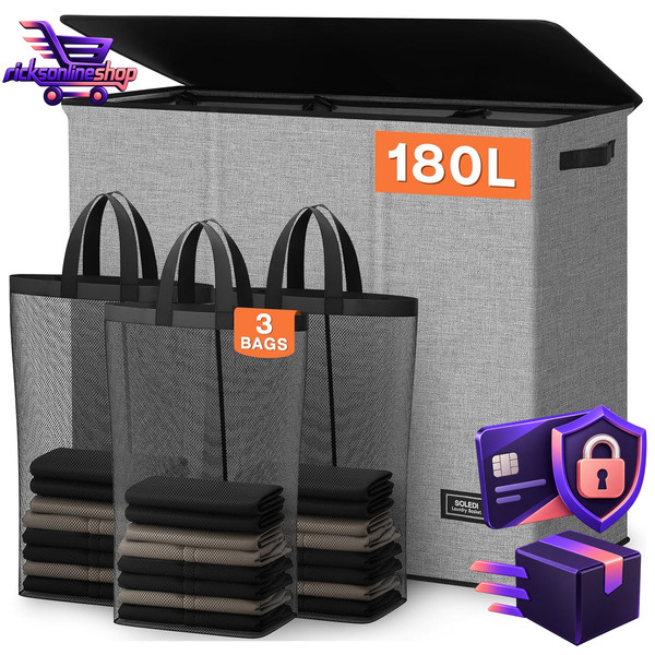 WäSchekorb 180L WäSchesammler Mit Deckel 3 FäCher 3 WäSchesäCke 3 X 60L-image