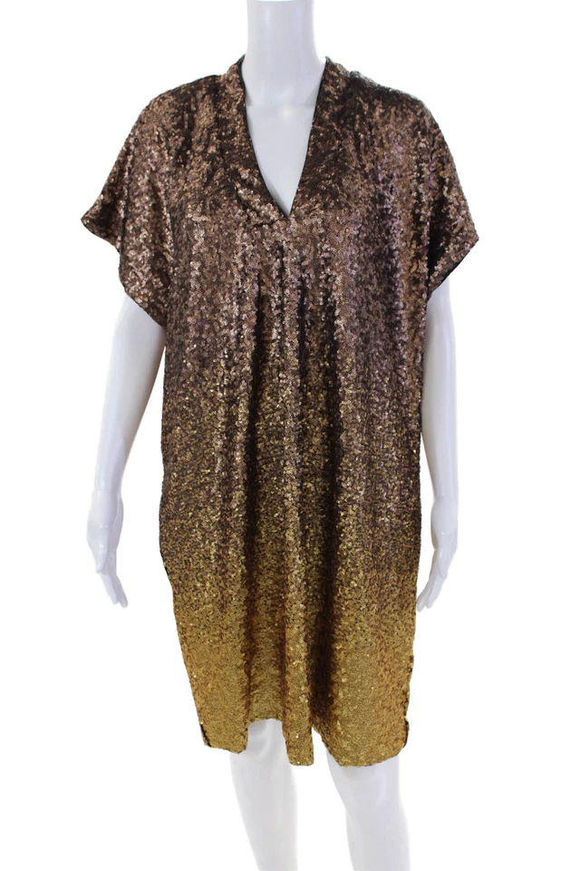 Vestido para mujer Johnny Was sin mangas cuello en V ombre lentejuelas dorado talla XL