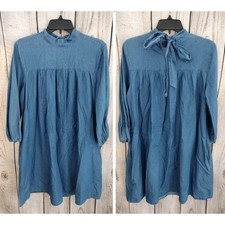 New York & Co. NEW Blue Chambray Mock-Neck Back-Tied Key-Hole Shift Dress Medium
