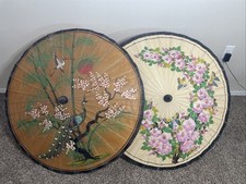 2 Vintage Bamboo Rice Paper Umbrella Butterflies, Cherry Blossoms, Birds L6 