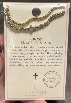 Tiny Tags CROSS BRACELET STACK 6.5'' W/ 1.5'' Extender 14K GOLD ION Over Brass