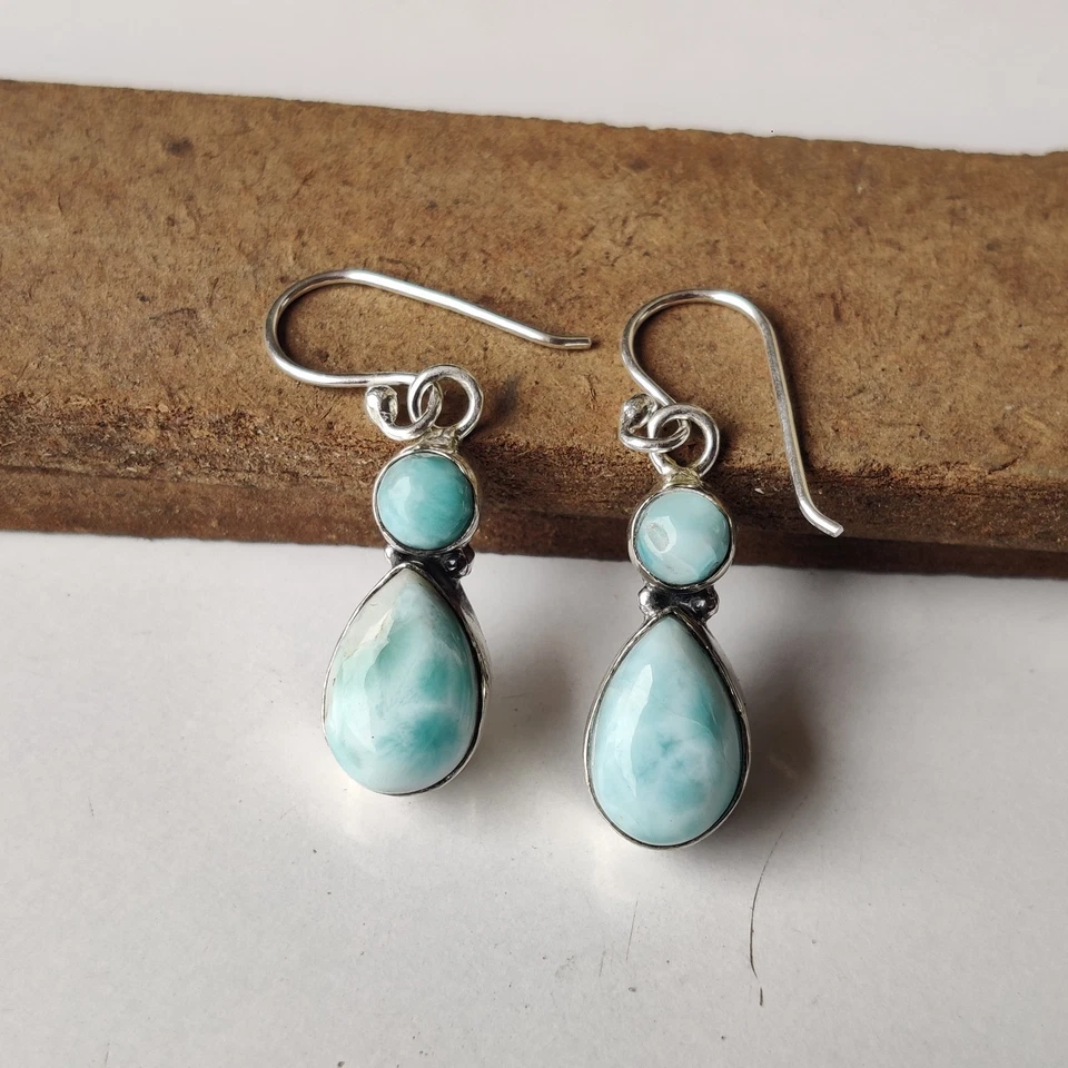 Increíble pendiente de piedras preciosas Larimar de plata de ley 925 hecho a mano PG8360 Foto 2 de 3