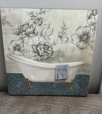 Bathroom Canvas Print Wall Art 12 X 11.5 Bathtub Flowers Blue White Black Gold