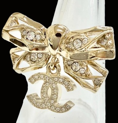 CHANEL Ring AUTH Vintage Rare Gold Rhinestone kenkenjp COCO CC Mark Ribbon JP11