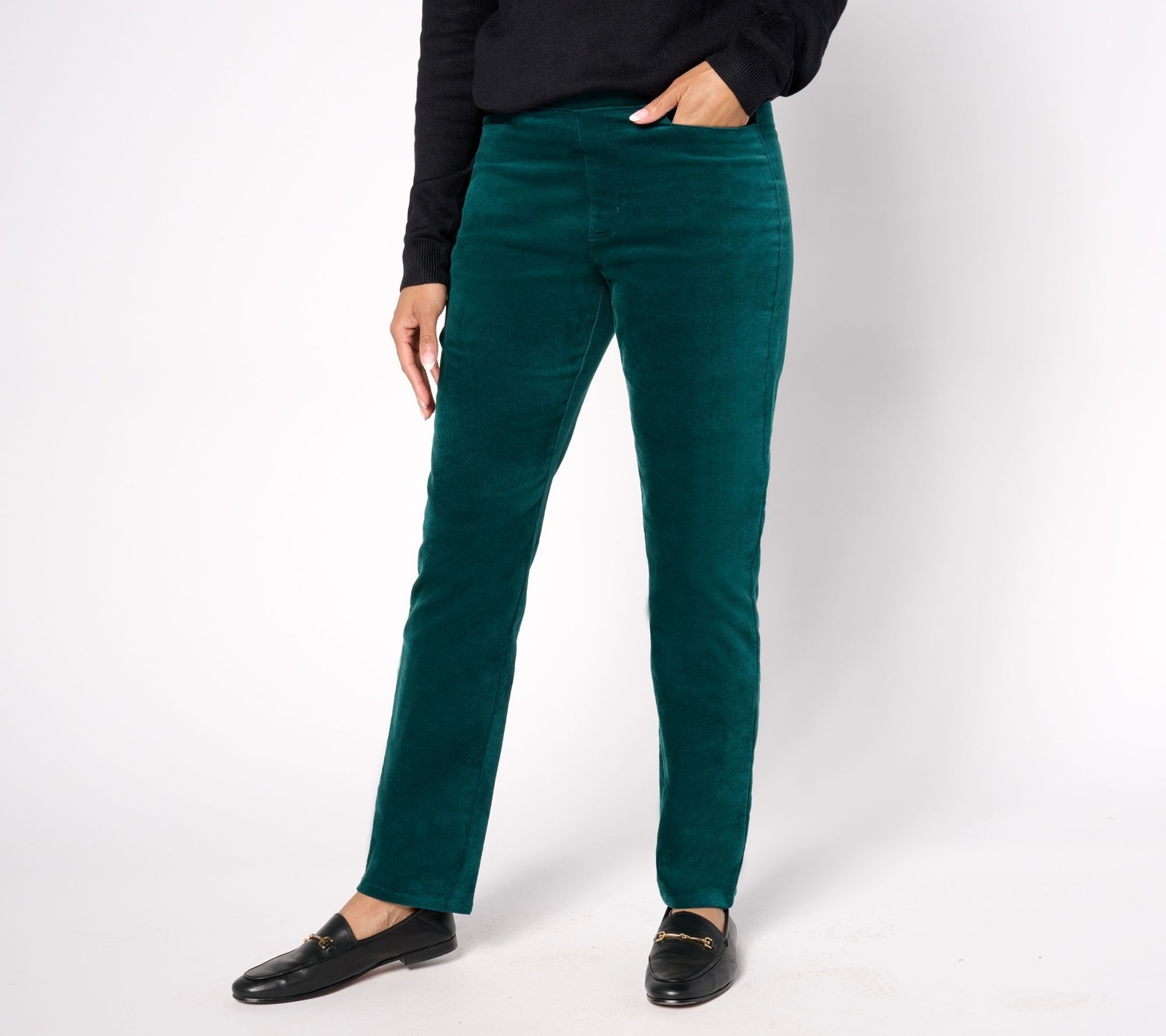 Denim & Co. Women's Petite Pants PL Velvet Straight Leg Pull-On Green A662788