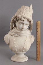 19thC Antique French Carved Carrara White Marble Young Girl w/ Feathered Hat