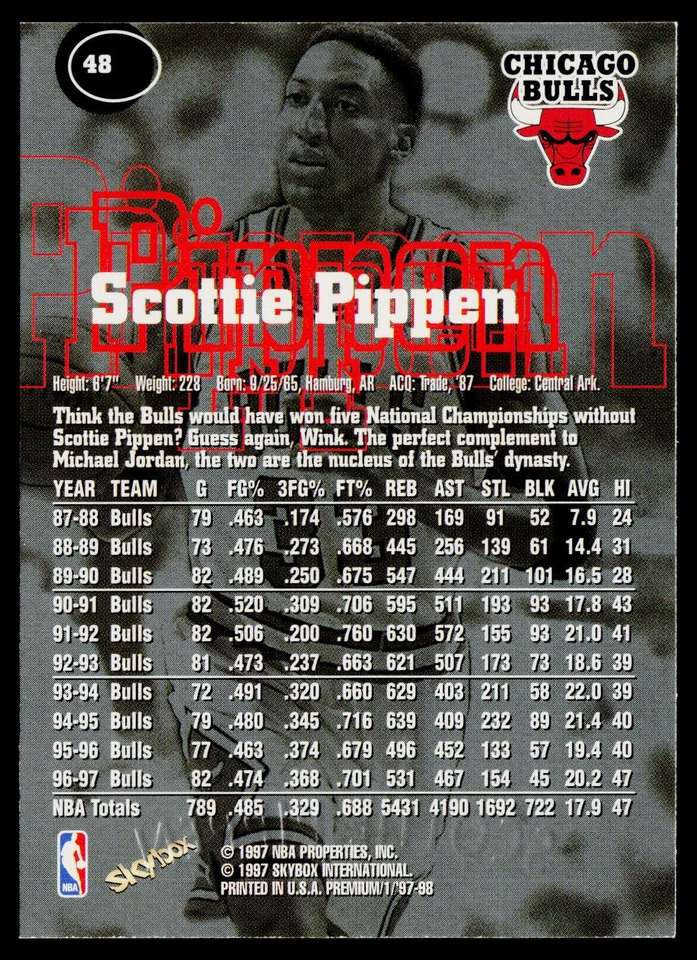 Scottie Pippen 1997-98 SkyBox Premium #48 Chicago Bulls - Image 2 of 2