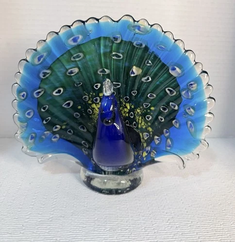 Vintage MCM Art Glass Murano Style PEACOCK Figurine Decor 7” X 8" Excellent