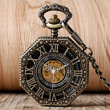 Mens Skeleton Pocket Watch Mechanical Octagon Retro Chain Luxury Fob Watches