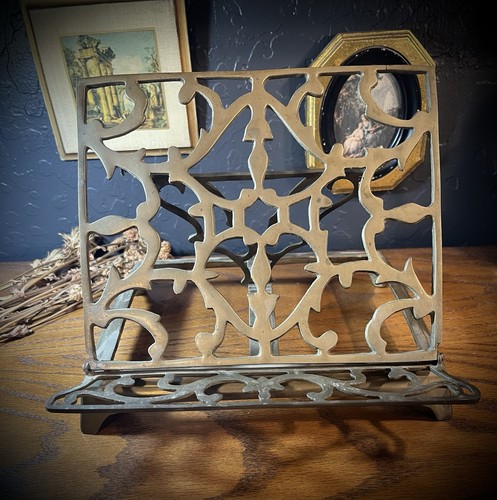 Vintage brass scrollwork adjustable folding book stand sheet music holder