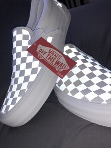 white reflective checkered vans