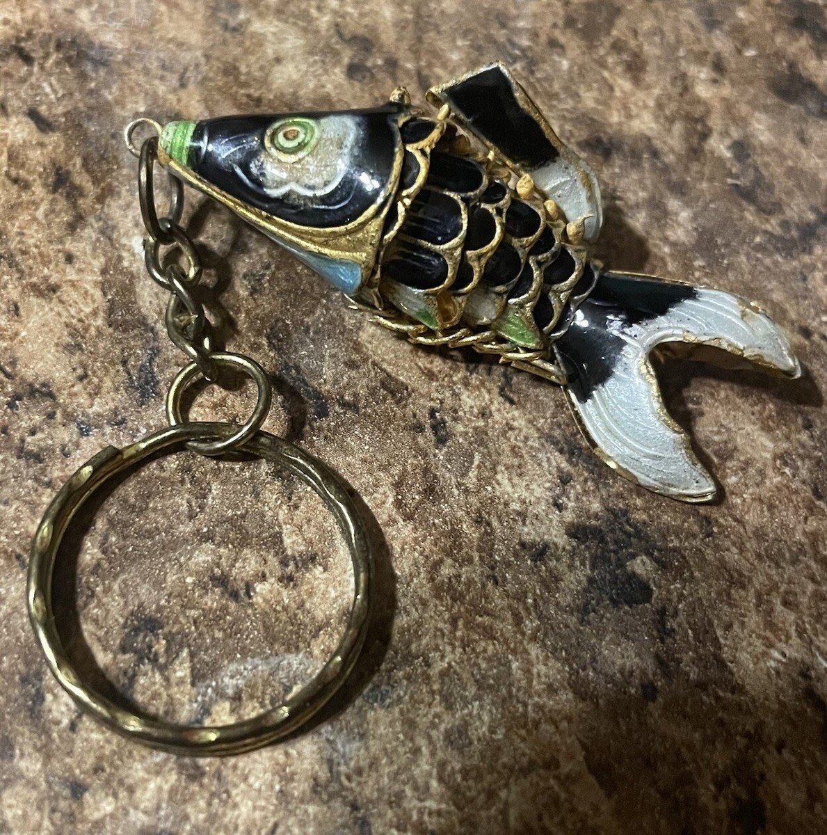 Gold Enamel Cloisonne Articulated Wiggly Scaled Koi Fish Key