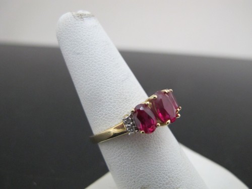 Synthetic RUBY Trio & DIAMOND Accent 14k Yellow Gold Cocktail Ring - Picture 2 of 5