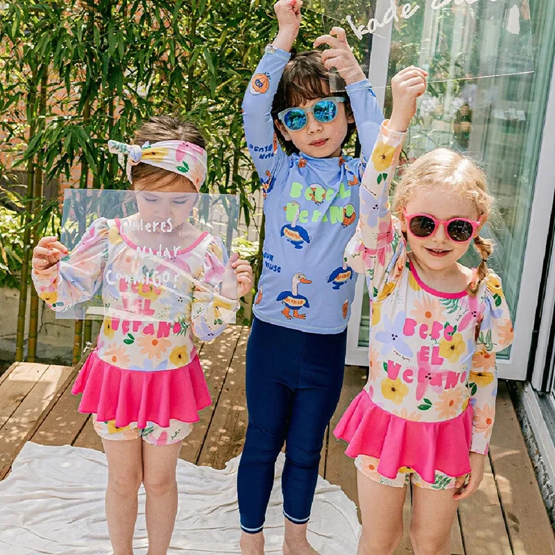 Roupa de banho para meninas meninos fofa estampada manga longa calças praia - Imagem 2 de 4