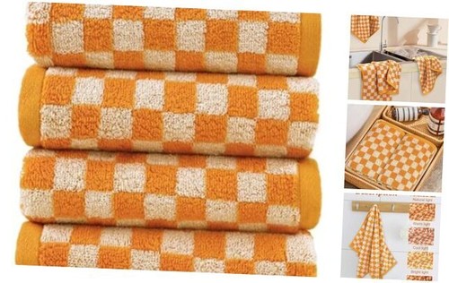 Soft Hand Towels 4 Pack Checkered Face Towel Set for Bathroom Kitchen Orange