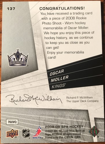 2008-09 SPx Rookie Jersey Oscar Moller #137 Los Angeles Kings #’d 0532/1299 - Picture 2 of 3