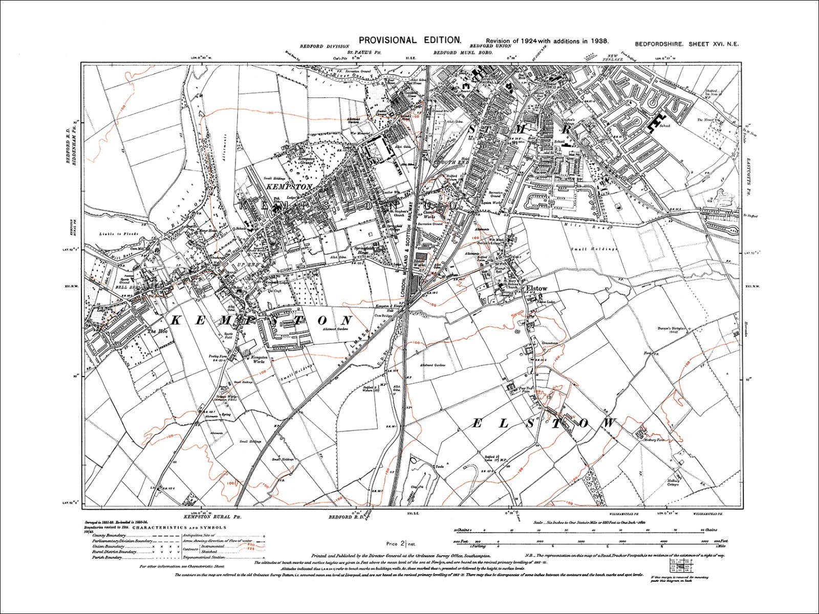 Bedford (S), Kempston, Elstow, old map Bedfordshire 1938 16NE eBay