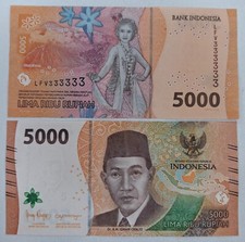 Indonesia Banknotes 5000 5.000 Rupiah 2022 Solid S/N 'LFV 333333' - (UNC) - P164